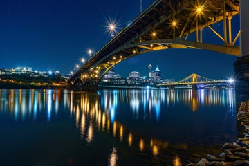 Naklejka premium Envision the tranquility of a starry night beneath the bridge, where the city's lights twinkle overhead and the gentle lull of the river sings, Generative AI