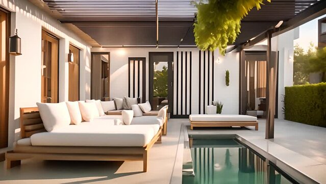 Luxurious Outdoor Living Area With Pool and Couches Generative AI