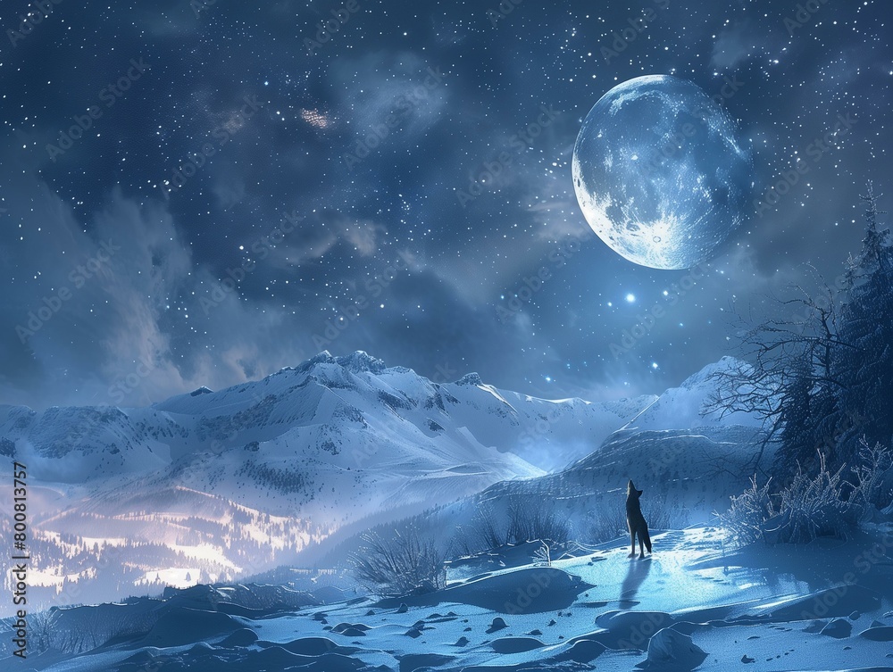 Wall mural a photorealistic image of a lone wolf howling towards the full moon in a vast, snow-covered wilderne