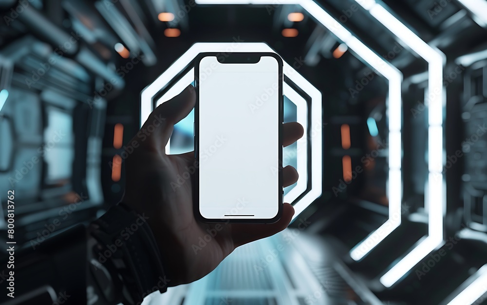 Aufkleber concept a handphone mock-up set within a futuristic studio environment with a white screen