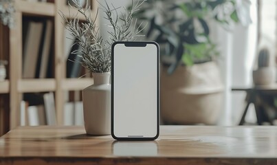 handphone mock-up placed on a table in a cozy room with a white screen background