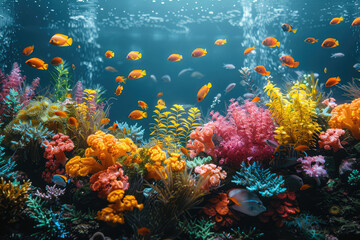 Naklejka na ściany i meble An underwater scene showcasing vibrant coral reefs and colorful fish. Created with Ai