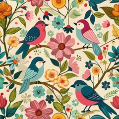 Seamless pattern of charming songbirds chirping in a blossoming garden, Generative AI