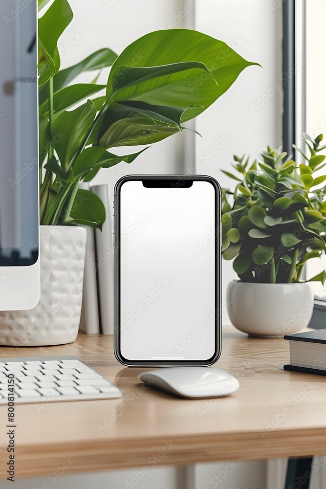 Aufkleber handphone mock-up displayed on a desk in a well-lit room, emphasizing the white screen