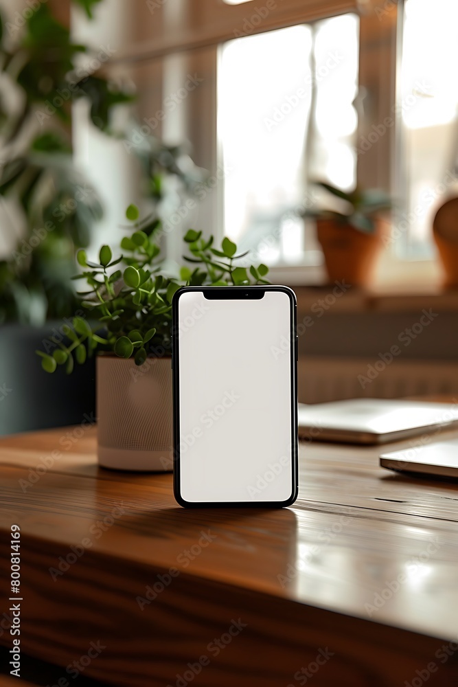Aufkleber handphone mock-up displayed on a desk in a well-lit room, emphasizing the white screen