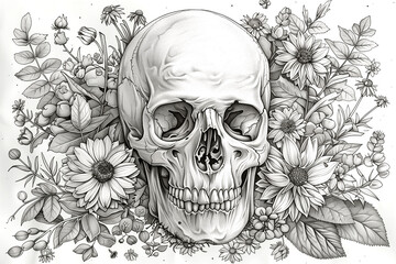 A skull is surrounded by flowers and leaves