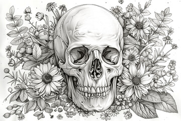 Fototapeta premium A skull is surrounded by flowers and leaves