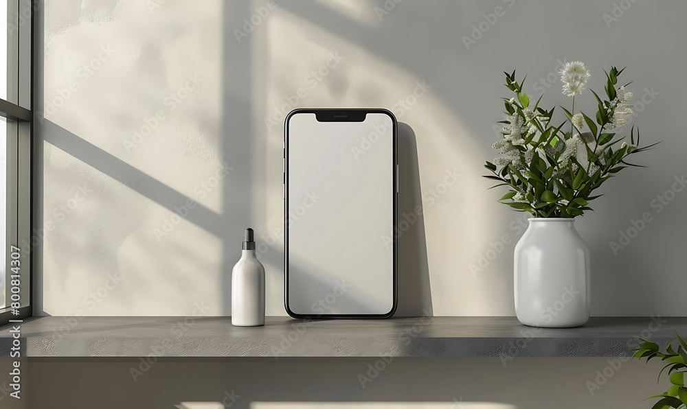 Aufkleber handphone mock-up on a shelf in a modern room with a plain white screen behind it