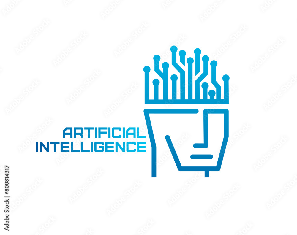 Poster AI artificial intelligence icon of vector robot, human, cyborg or humanoid bot head with brain in shape of computer circuit board. Machine learning, data and future technologies symbol with AI robot
