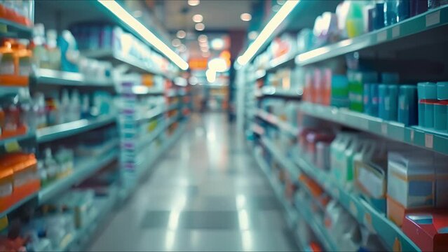 Pharmacy blur background with medicine on shelves. Drugstore interior bokeh. Healthcare and medicine concept. AI generated.