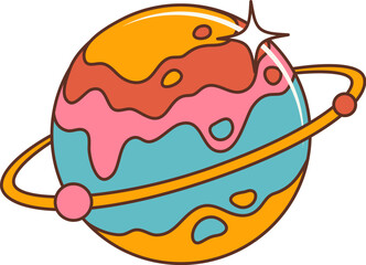 Space planet cartoon retro hippie groovy symbol, evokes a blend of nostalgia and futurism, featuring stylized ring of orbit and psychedelic colors, encapsulating vintage vibes of cosmic exploration