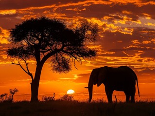 Fototapeta premium A breathtaking image of a large herd of elephants walking across the savanna at sunset, with a vibrant orange sky in the background.