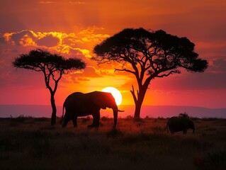 A breathtaking image of a large herd of elephants walking across the savanna at sunset, with a vibrant orange sky in the background.