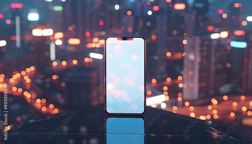 Poster handphone mock-up against a backdrop of city lights, emphasizing the blank white screen