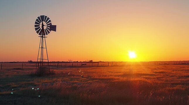 Golden hour serenity: A picturesque windmill stands tall in a tranquil field, bathed in the warm glow of the setting sun.Seamless looping 4k time-lapse virtual video animation background. Generated AI