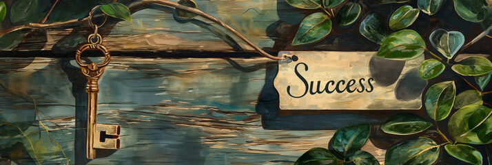 A classic key on a faded blue background showcasing a sign reading 'Success' with fresh green leaves around