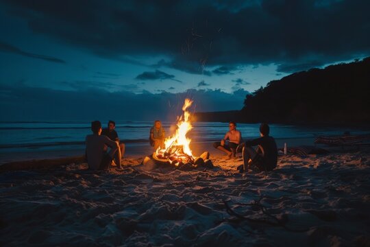 Friends gathered around a bonfire on the beach