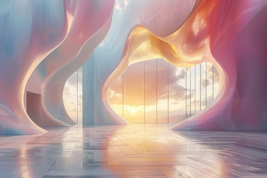 A beautiful interior space with soft lighting, colorful pastel colors, futuristic architecture. Created with Ai