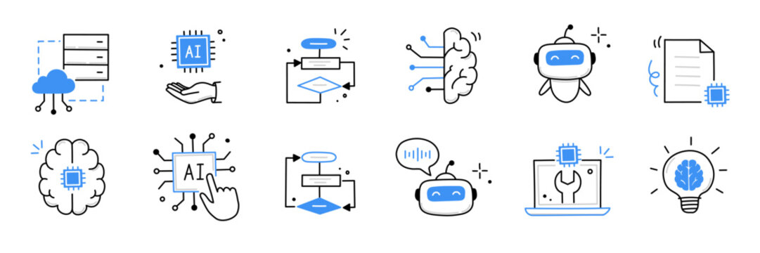 Artificial ai brain icon. Ai machine digital robot hand drawn doodle line icon. Artificial brain algorithm machine science concept. Hand drawn sketch style cute blue line. Vector illustration