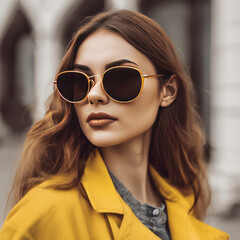 Stylish Woman in Yellow Jacket and Round Sunglasses on Urban Backdrop During Autumn