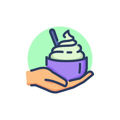 Hand holding ice cream in bowl line icon. Milk, spoon, vanilla outline sign. Dessert and food concept. Vector illustration for web design and apps