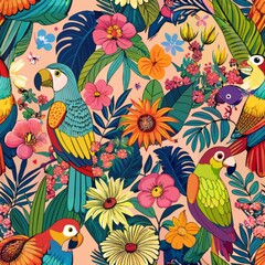 Seamless pattern of playful parrots squawking among vibrant flowers, Generative AI