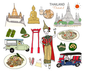 Thailand travel icon, Set of architecture, thai local food, thai culture, Travel Thailand landmarks. Hand drawn style vector icons.