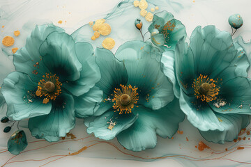 3D flowers in the style of teal green and gold on a white background with watercolor and alcohol ink splashes. Created with Ai