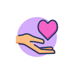 Heart on palm line icon. Health, cardio, life outline sign. Insurance and protection concept. Vector illustration for web design and apps