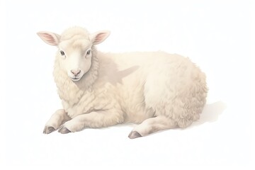 Illustrate a watercolor painting of a fluffy white lamb, lying down with a gentle smile on its face.