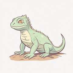 A cartoon illustration of a green iguana. The iguana is sitting on a rock and looking to the right. The iguana has a friendly expression on its face.