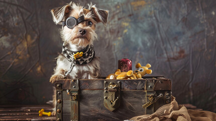 An adorable Yorkie dons aviator glasses, perched atop a leather suitcase with toys