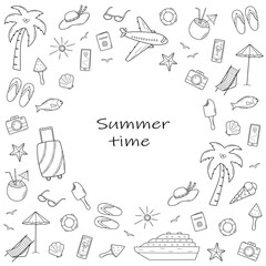 Set of summer travel doodle style icons. Vector illustration of the elements of tourism and beach holidays.