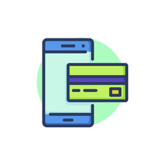Online payment thin line icon. Mobile phone, smartphone, credit card outline sign. Communication, online service, banking concept. Vector illustration for web design and apps