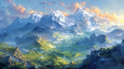 Obraz premium A majestic mountain range with snow-capped peaks and lush valleys captured in a stunning watercolor illustration, showcasing the awe-inspiring beauty of nature's grand landscapes.