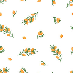 Seamless pattern sea buckthorn branches. Vector illustration of a healing edible berry. Background wallpaper