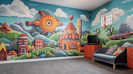 A cheerful mural and interactive toys adorn the walls of a kids' bedroom, fostering creativity and endless adventures.