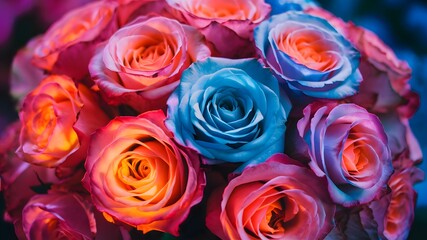 A vibrant collection of roses, with varying shades of pink, orange, and blue. The roses are in full bloom, displaying intricate petal details
