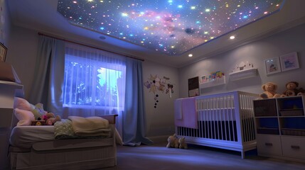 A contemporary nursery with a starry ceiling projector and soft pastel colors