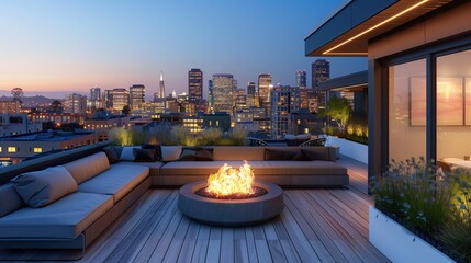 A contemporary rooftop terrace with a fire pit and city skyline view