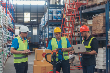 Warehouse management multiracial team partner engineer man work together checklist stock control....