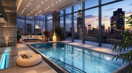 A luxury penthouse with an indoor lap pool and skyline view
