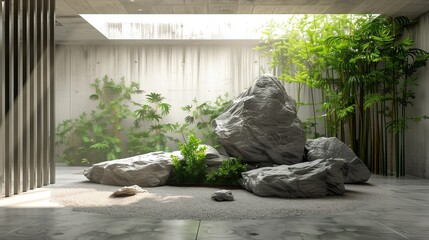 A minimalist meditation space with a rock garden and bamboo accents