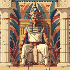 Egyptian king sitting on a throne in ancient oasis