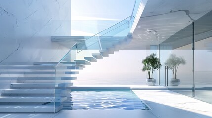 A modernist staircase with floating steps and a glass railing - Powered by Adobe