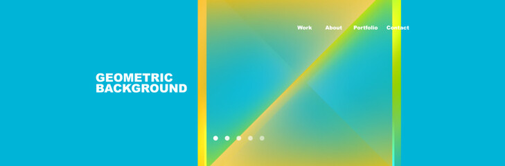 The electric blue rectangle in the sky creates a vibrant atmosphere with orange and aqua accents. The yellow and green lines form circles representing the horizon