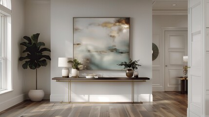A modern entryway with a statement art piece and a sleek console table