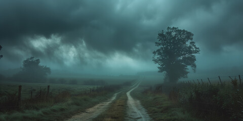 A lonely country path meanders through a field under a dramatic, stormy twilight sky, with the silhouettes of trees adding to the scene's mystery.