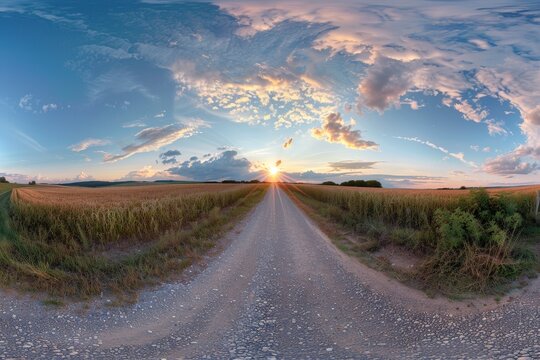 360 spherical HDRI panorama of gravel road in summer evening sunset with clouds equirectangular projection for VR AR content