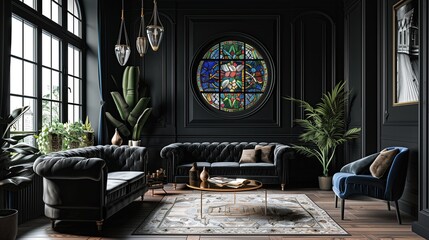 A modern Gothic living room with dark walls, stained glass, and velvet sofas